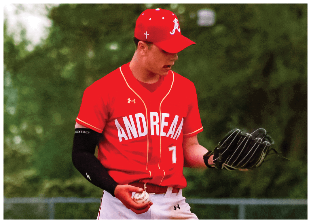 A baseball player wearing a red shirt and black glove. Description generated by AI