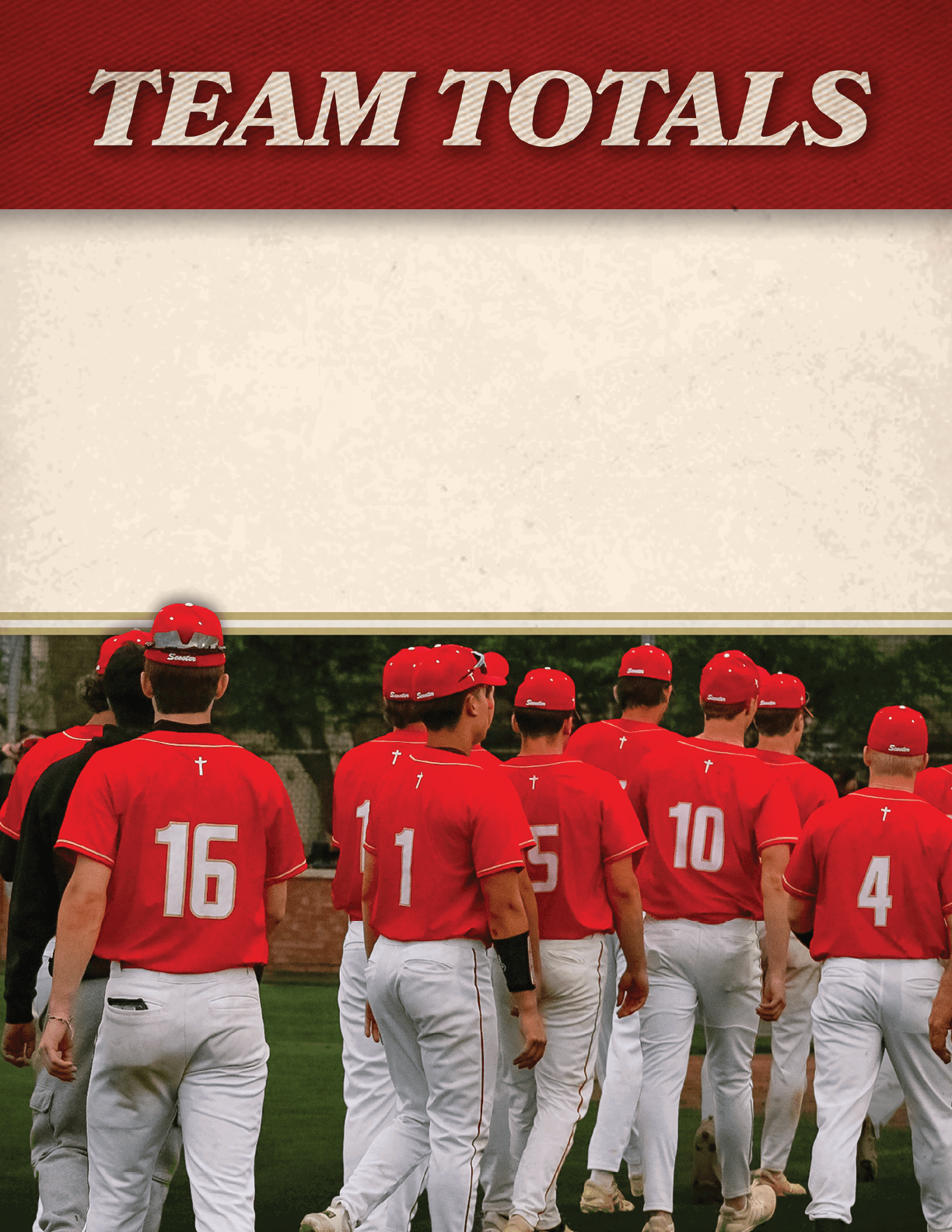 A group of people wearing red shirts and white pants. Description generated by AI