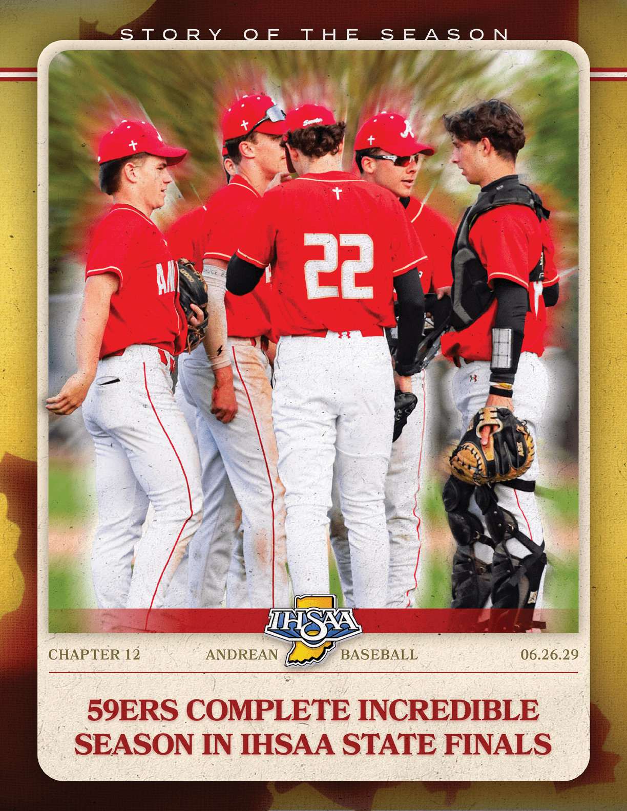 A baseball card with a group of men in red and white uniforms. Description generated by AI