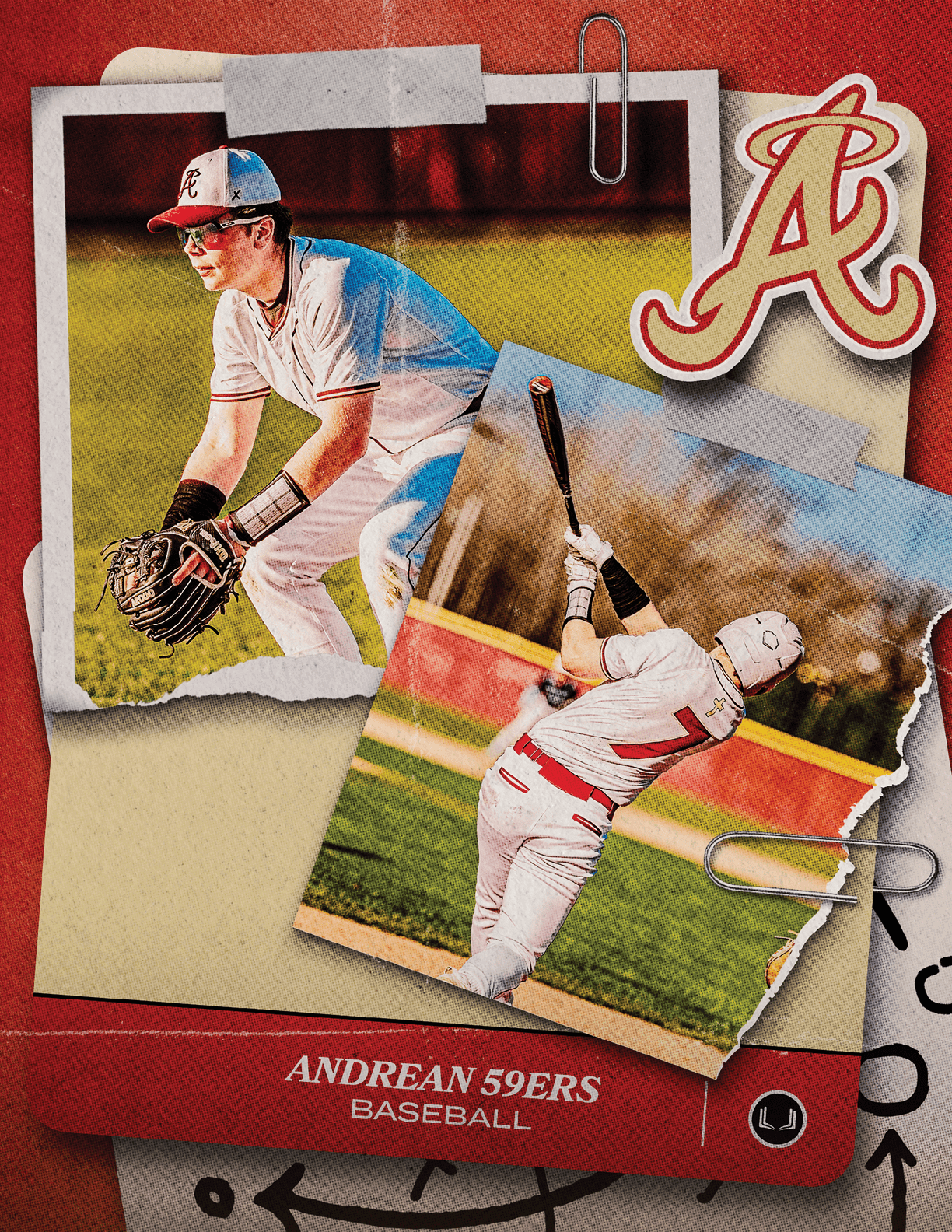 A baseball player is shown in two different poses, one with a bat and the other with a baseball glove. AI generated content