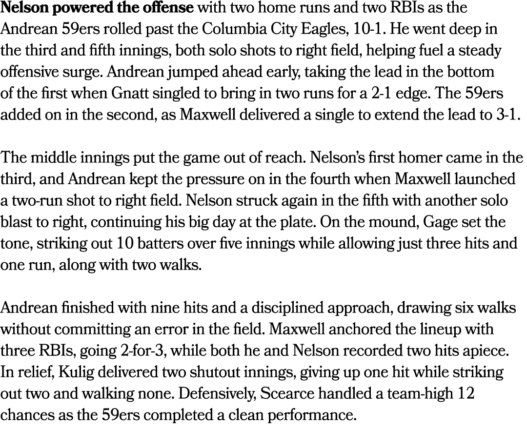 Nelson powered the offense with two home runs and two RBIs as the Andrean 59ers rolled past the Columbia City Eagles,...
