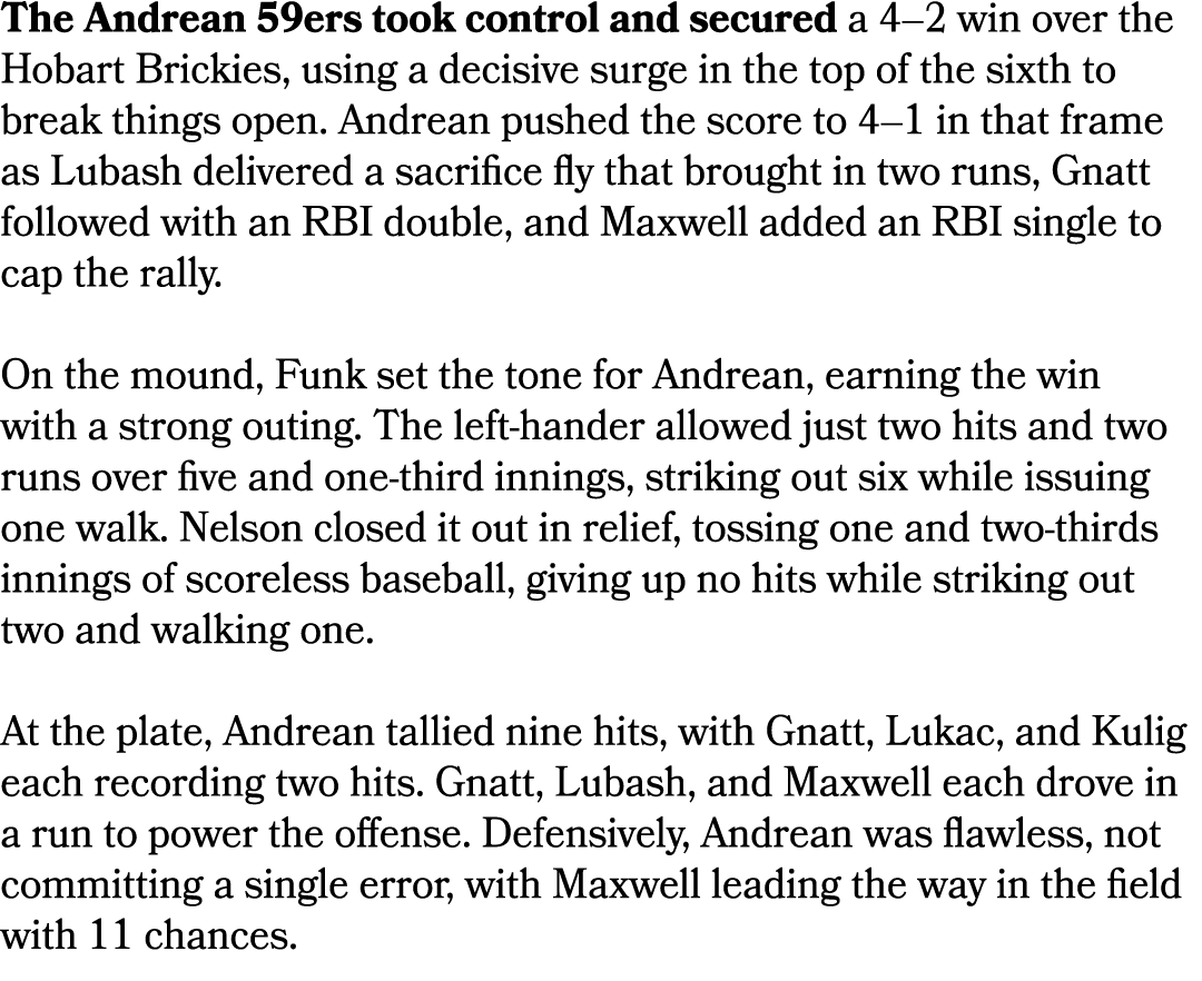 The Andrean 59ers took control and secured a 4–2 win over the Hobart Brickies, using a decisive surge in the top of t...