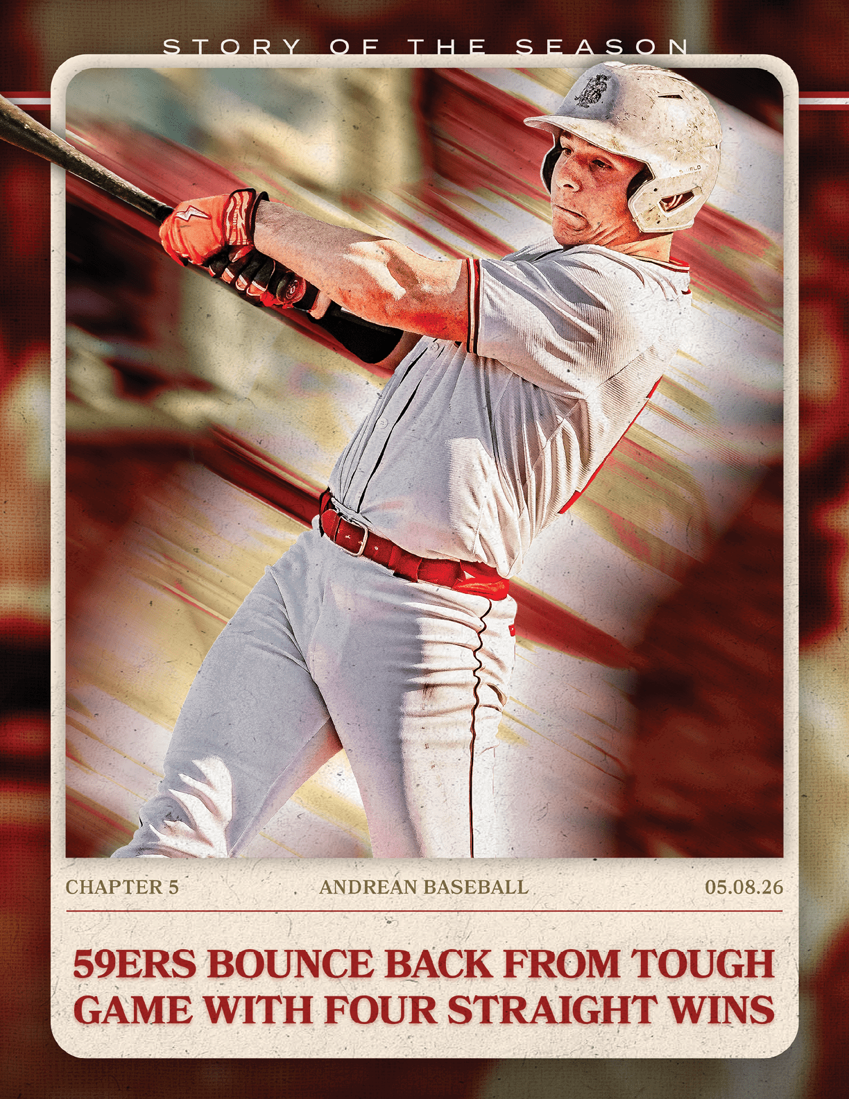 A baseball player in a white uniform is swinging a bat. Description generated by AI