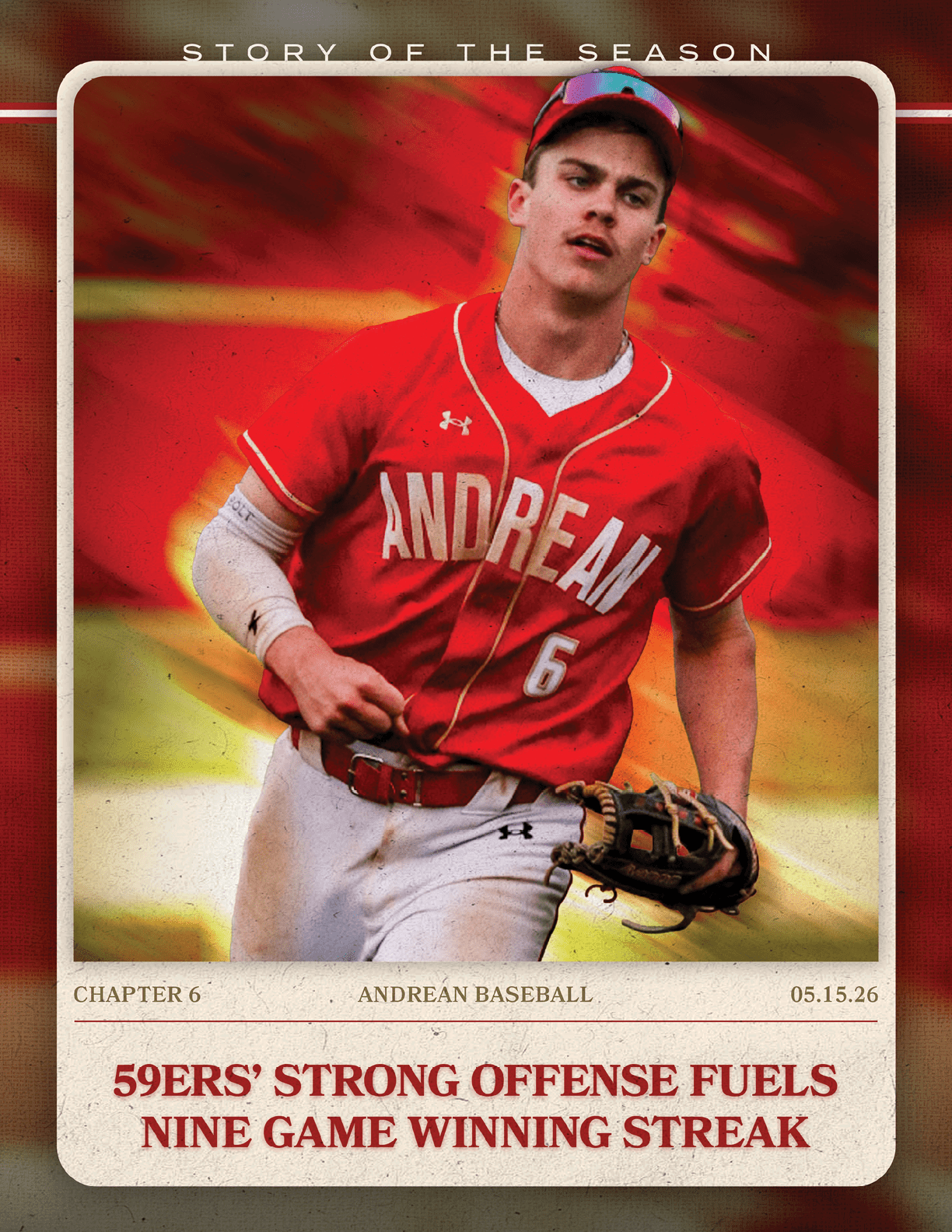 A baseball player wearing a red jersey with the number 5 on it. Description generated by AI
