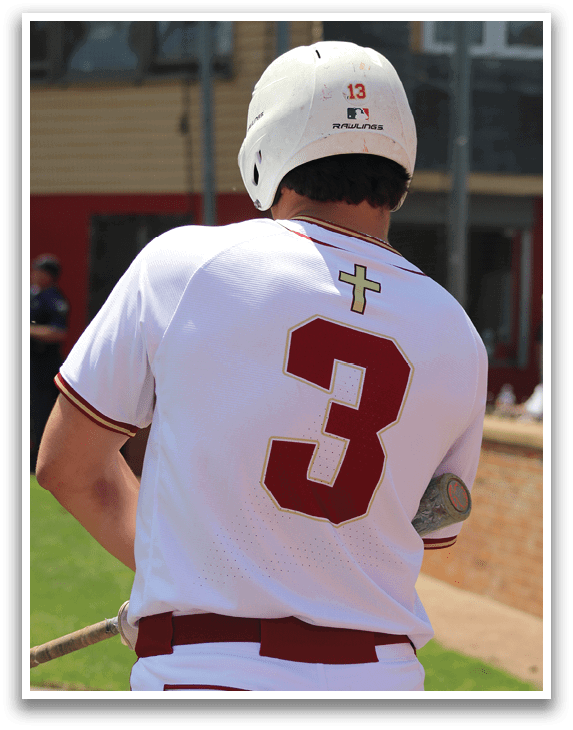 A baseball player wearing a white and red uniform with the number 3 on the back. Description generated by AI