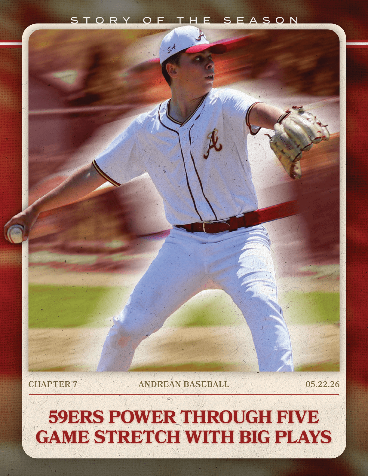 A baseball player wearing a white uniform and red socks. Description generated by AI