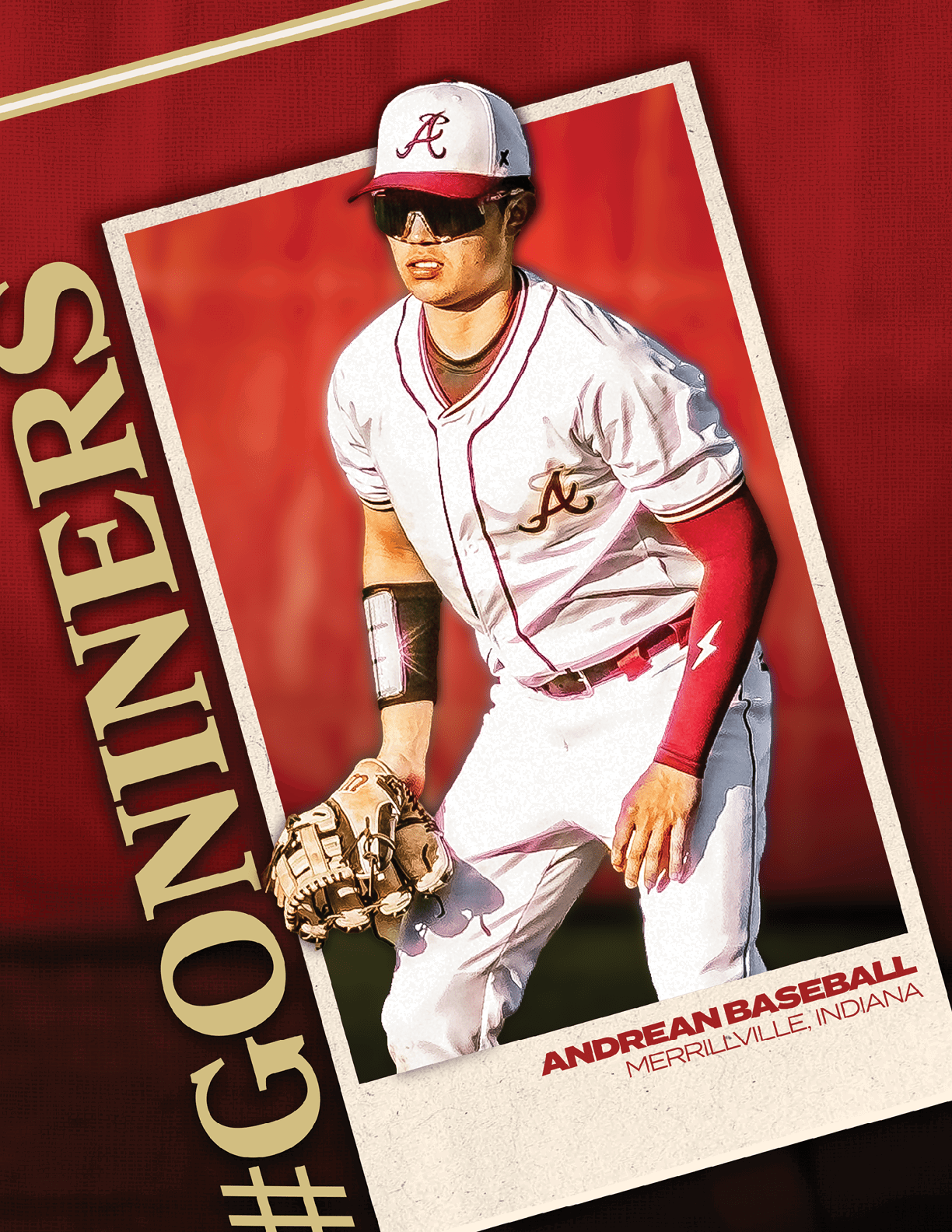 A baseball player wearing a white uniform with the word Gonners on the front. Description generated by AI