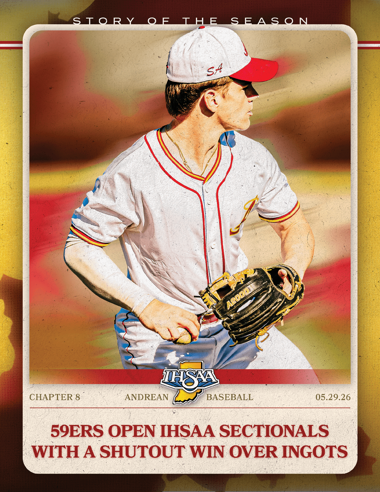 A baseball player wearing a red and white uniform. Description generated by AI