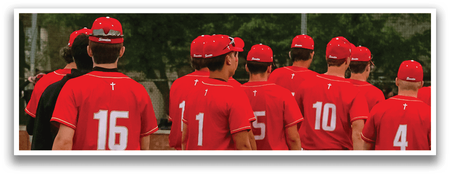 A group of baseball players wearing red shirts and white pants. Description generated by AI