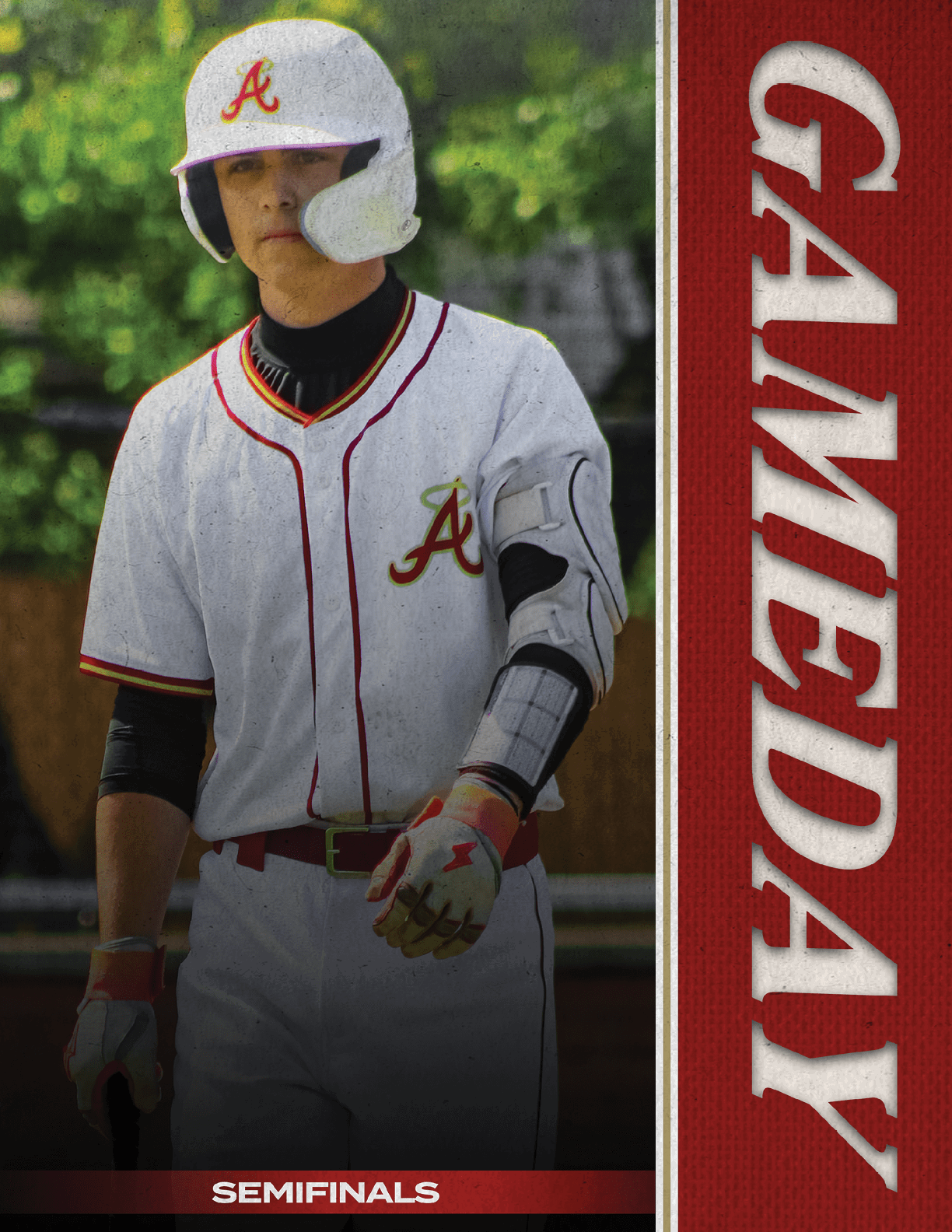 A baseball player wearing a white and red uniform. Description generated by AI