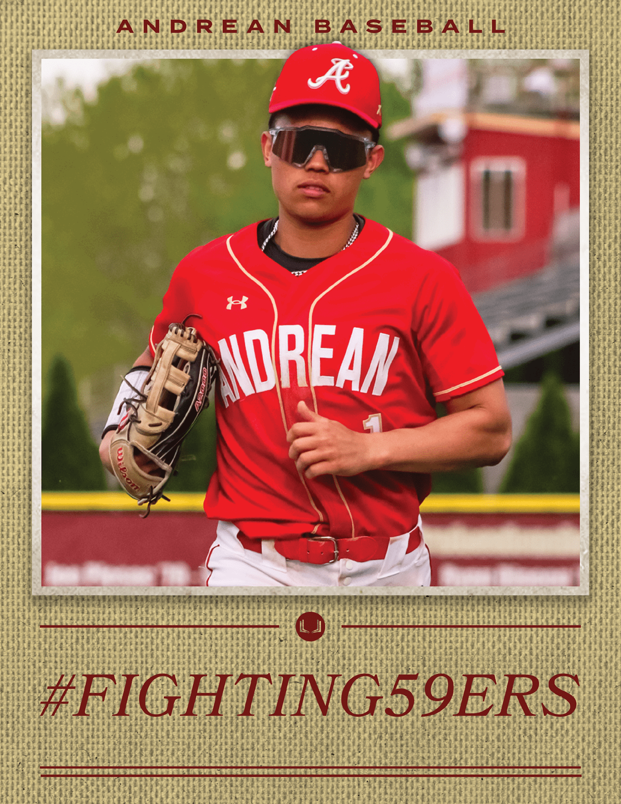 A baseball player wearing a red and white uniform. Description generated by AI