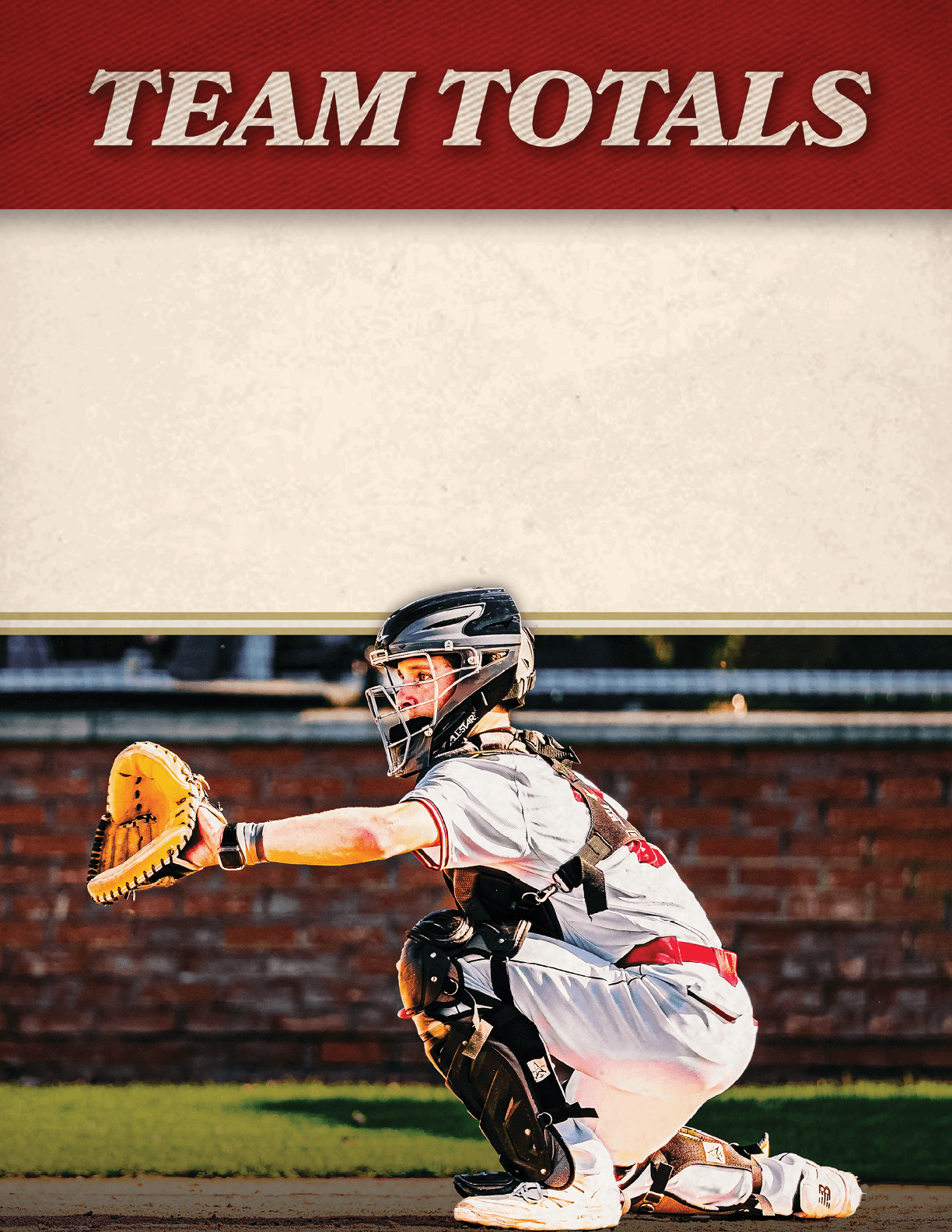 A baseball player in a white and red uniform squatting down with a catcher's mitt. Description generated by AI