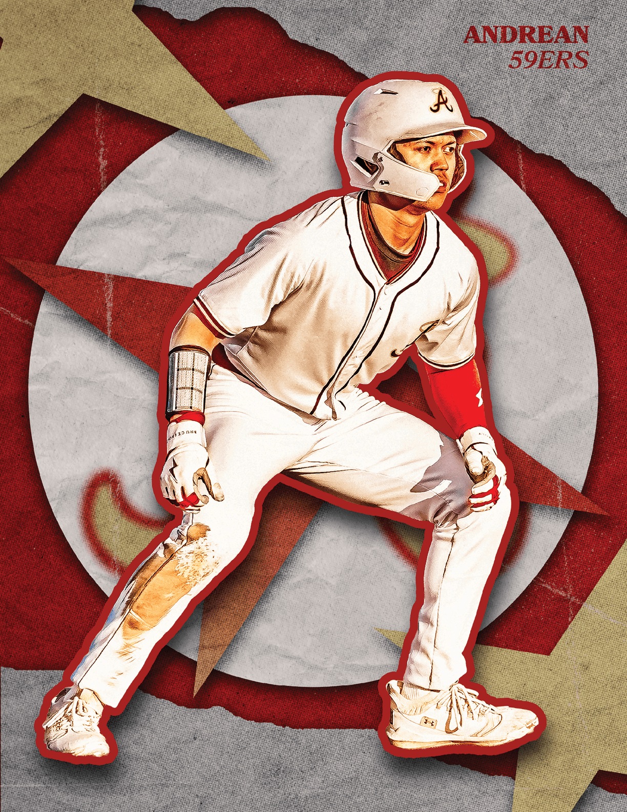 A baseball player in a white uniform with a red stripe on the sleeve. Description generated by AI