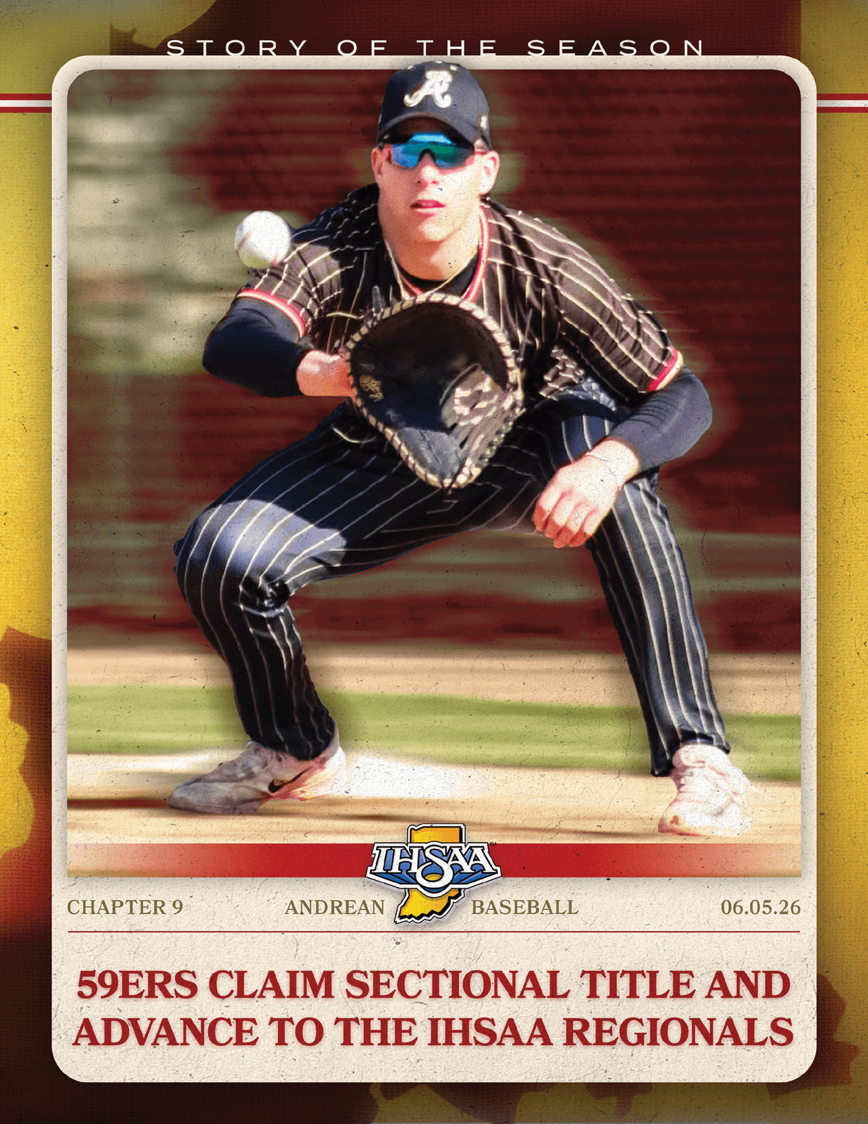 A baseball player wearing a black and red jersey. Description generated by AI