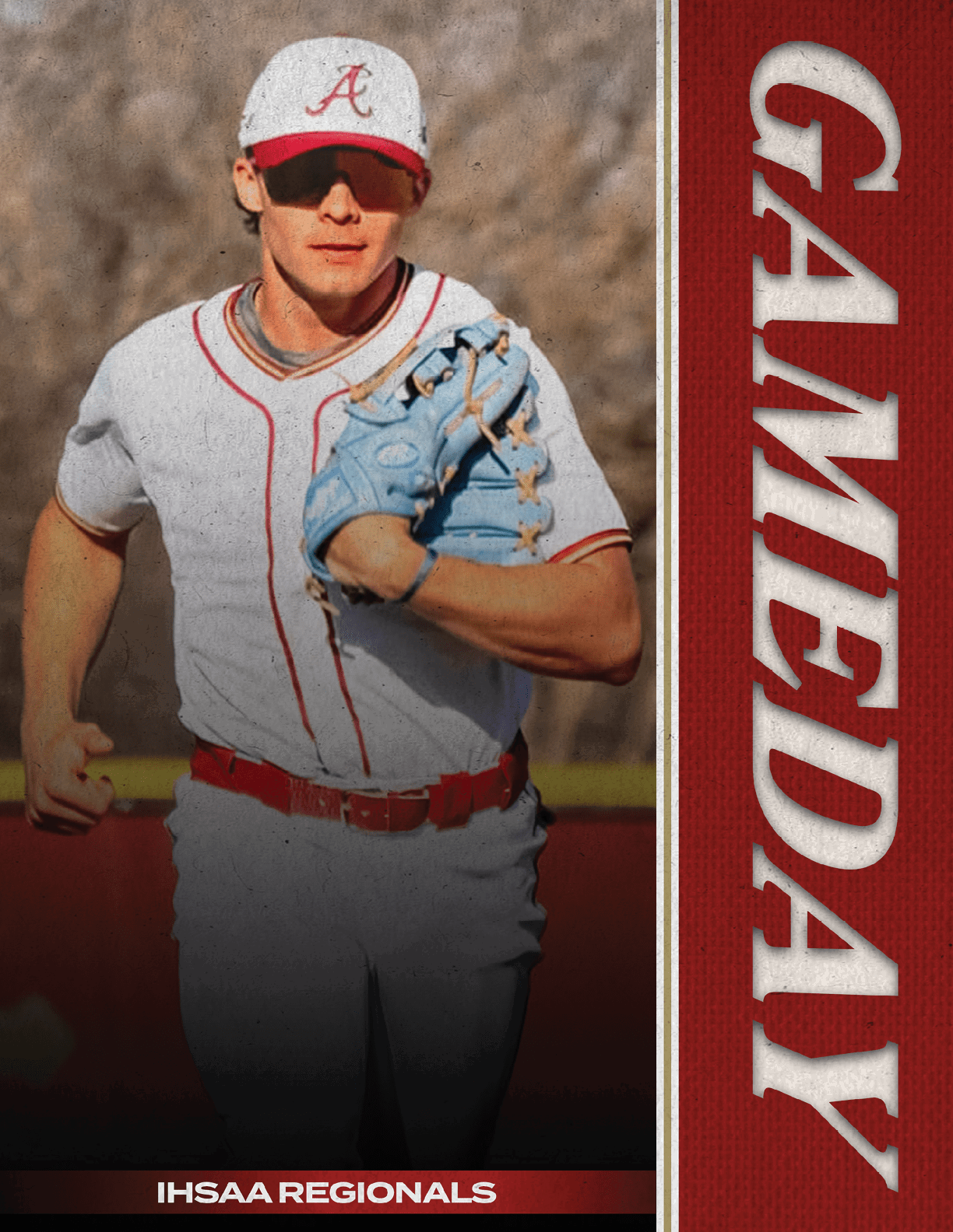 A baseball player wearing a red and white uniform. Description generated by AI