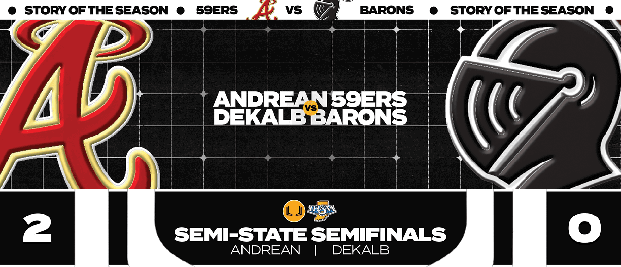 A black and white image of a hockey game between the A's and the Barons. Description generated by AI
