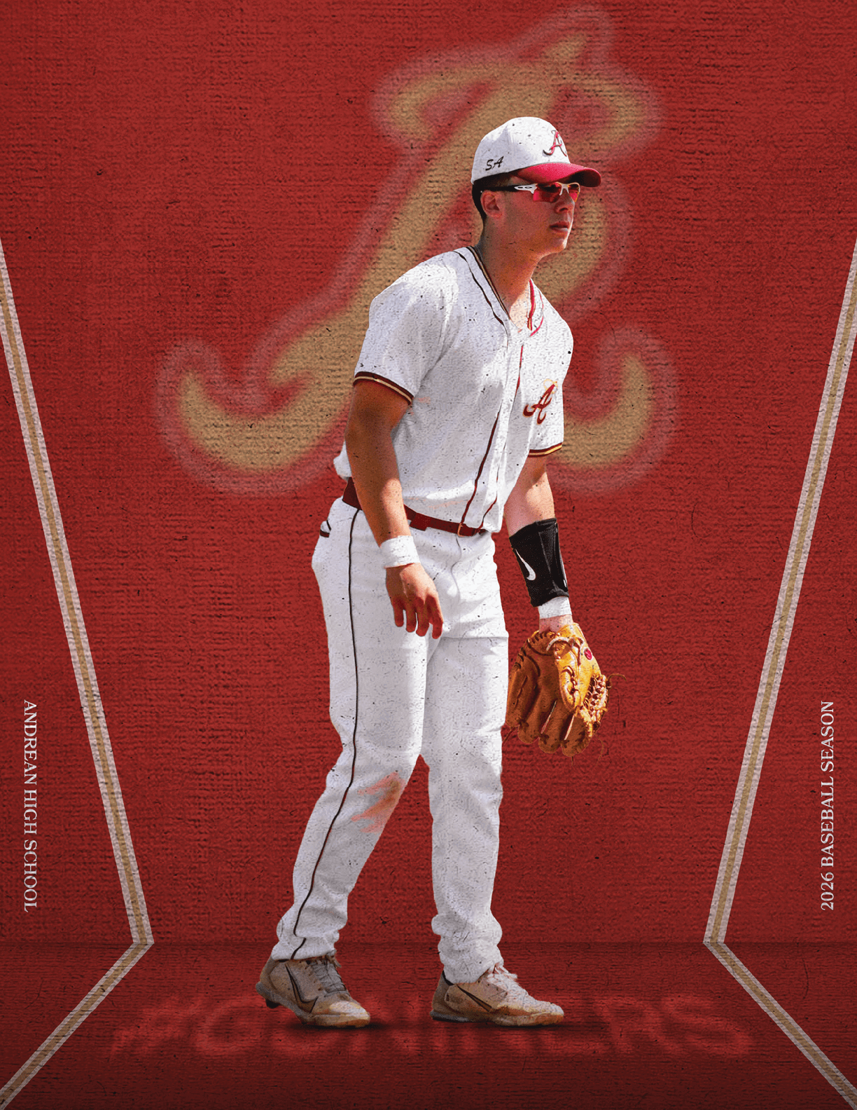 A baseball player wearing a white uniform and red socks. Description generated by AI