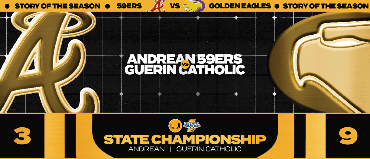 A yellow and black poster with the words “Andrean Guerin Catholic" written on it. Description generated by AI