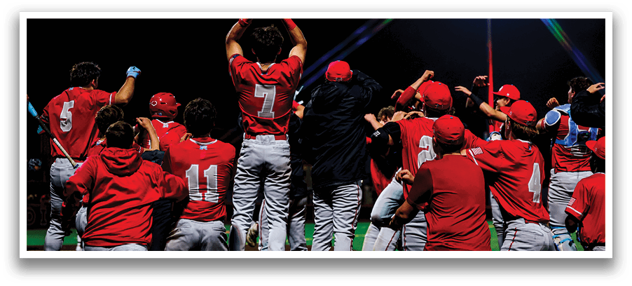 A group of people wearing red shirts are celebrating on a field. AI generated content