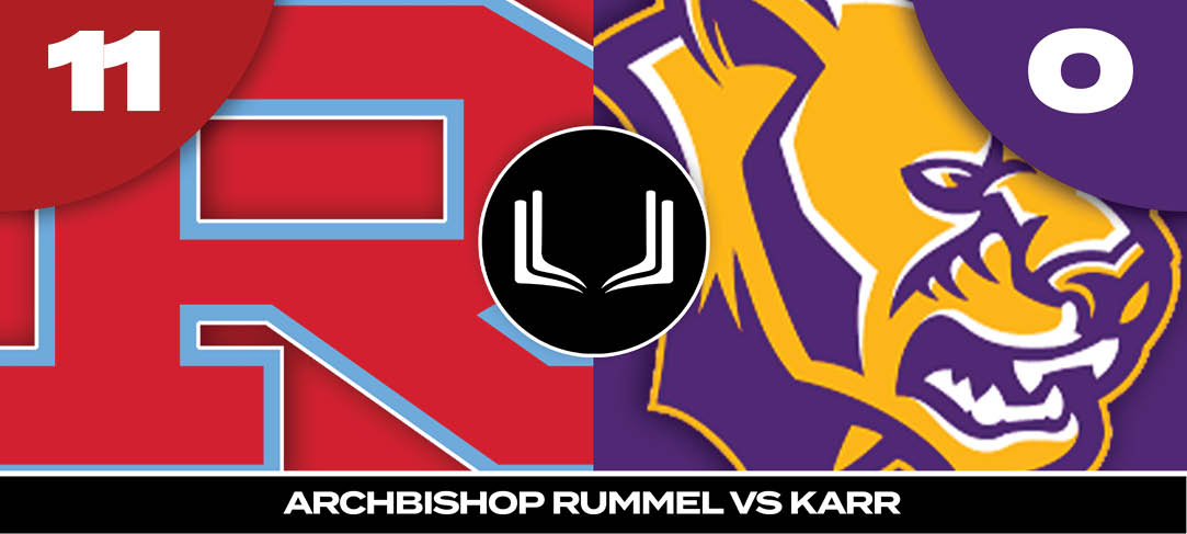 A logo for Archbishop Rummel High School is displayed on a red and blue background. AI generated content