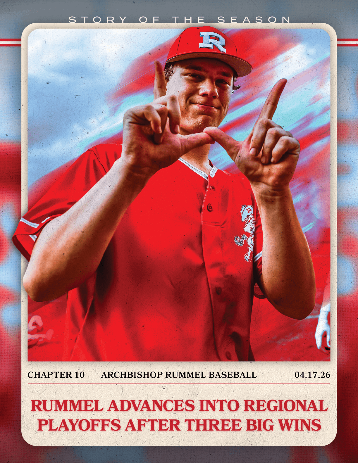 A man wearing a red shirt and red hat is holding up two fingers. AI generated content