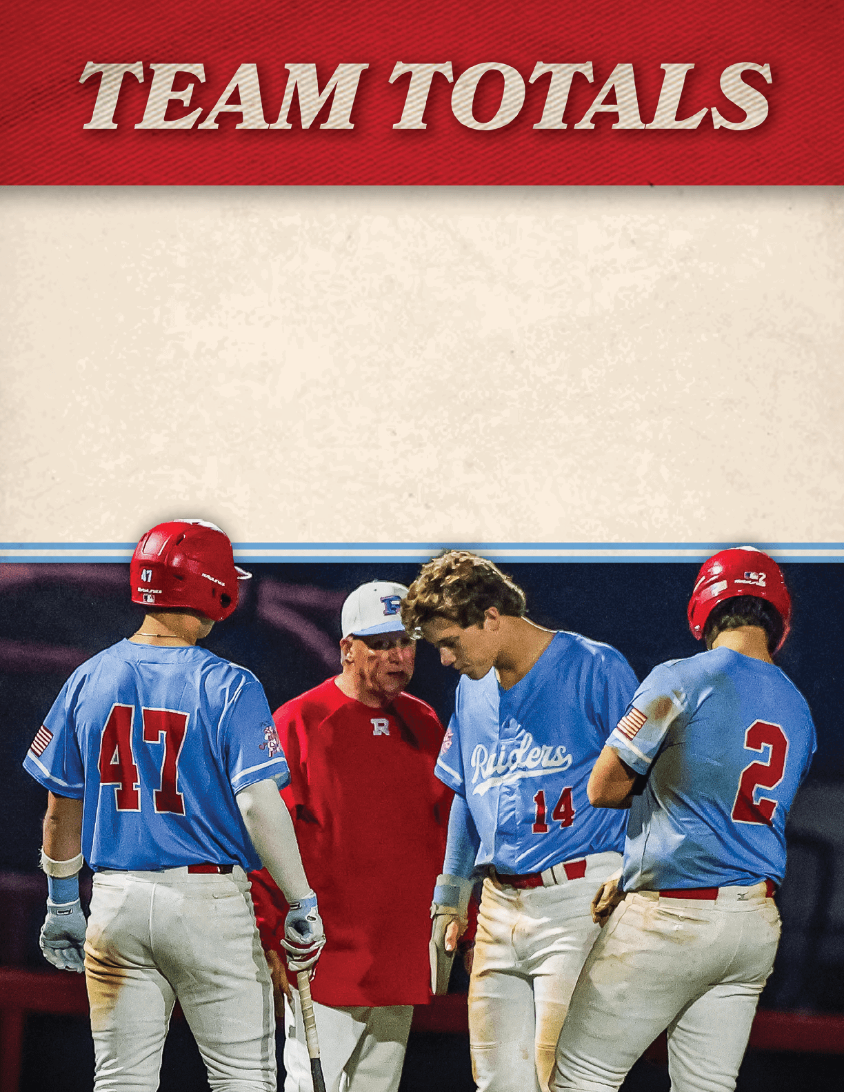 Three baseball players wearing blue uniforms are standing on the field, talking to a man in a red shirt. AI generated content