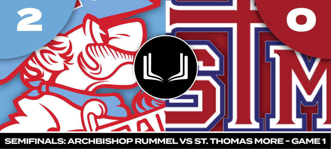 A red and white logo for St. Thomas More. Description generated by AI
