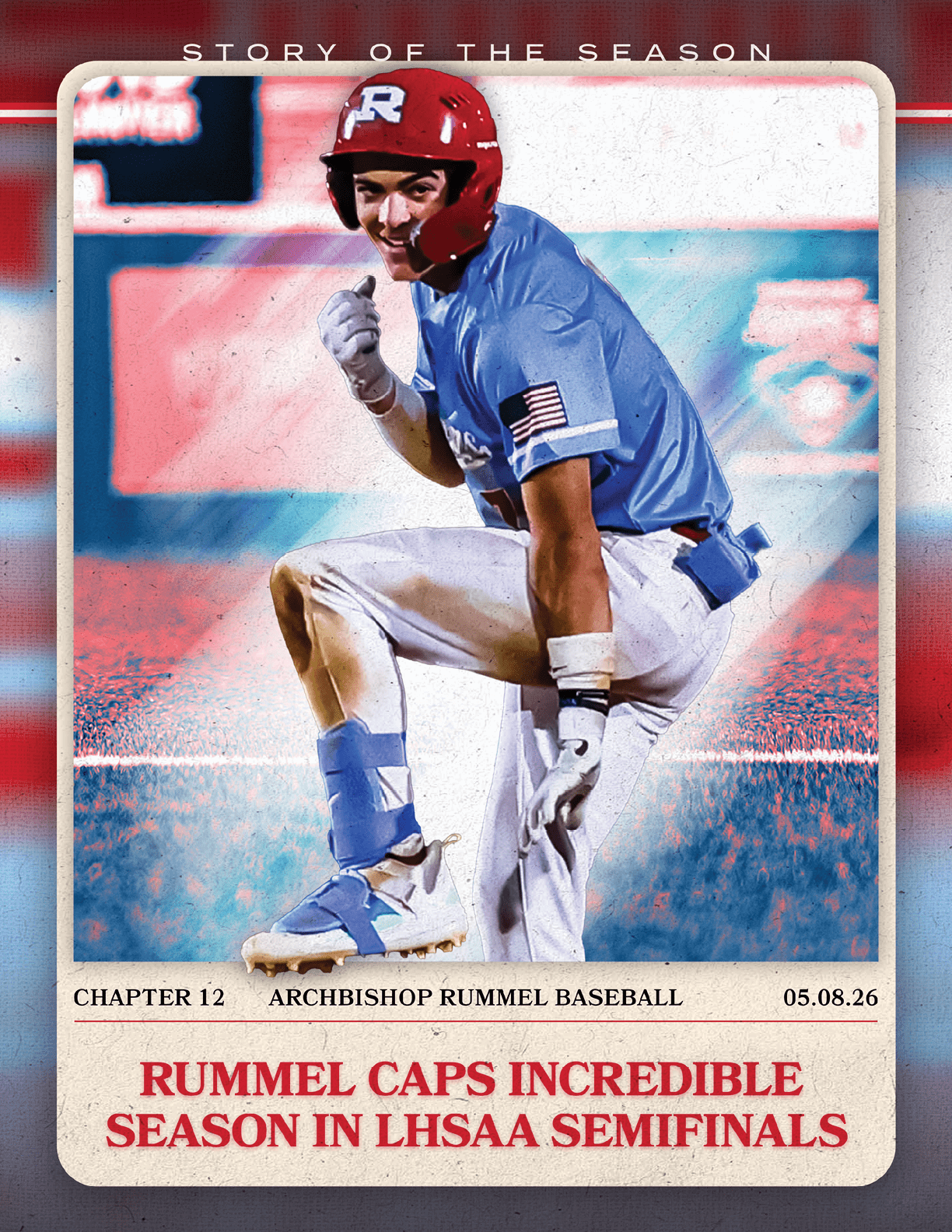 A baseball player wearing a blue helmet and blue uniform. Description generated by AI