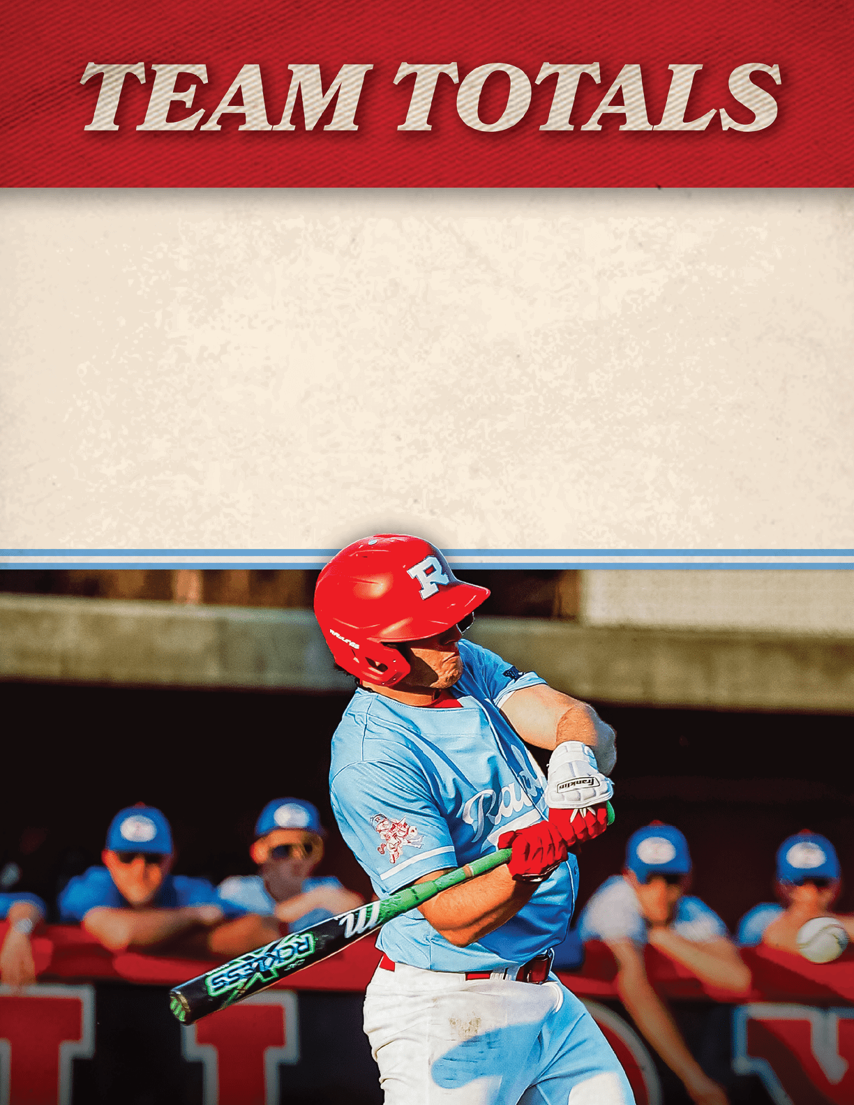 A baseball player in a blue shirt and red hat swinging a bat. Description generated by AI