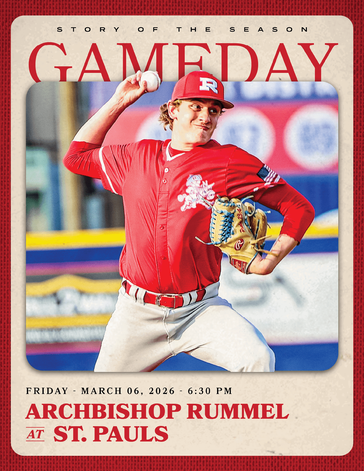A baseball player in a red jersey and red cap is shown on a poster. AI generated content