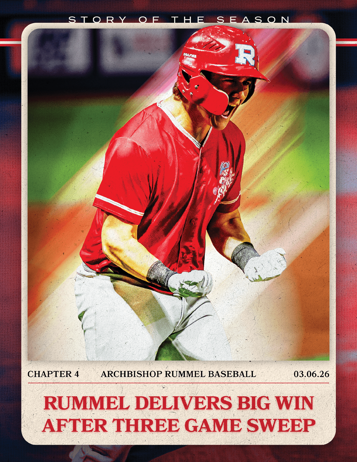 A baseball player in a red shirt and helmet celebrates a big win. AI generated content