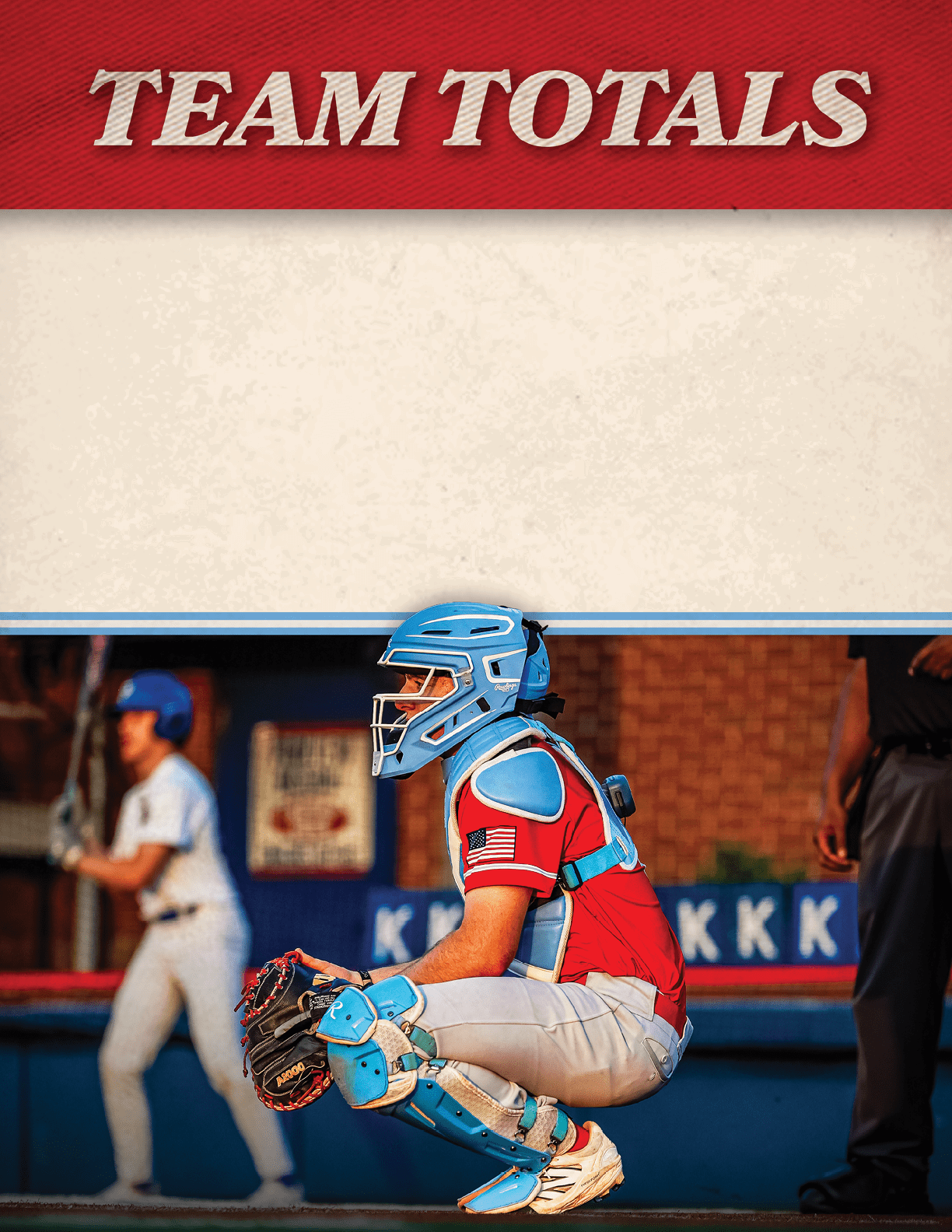 A baseball player squatting in a catcher's position, wearing a blue helmet and blue and red uniform. AI generated content