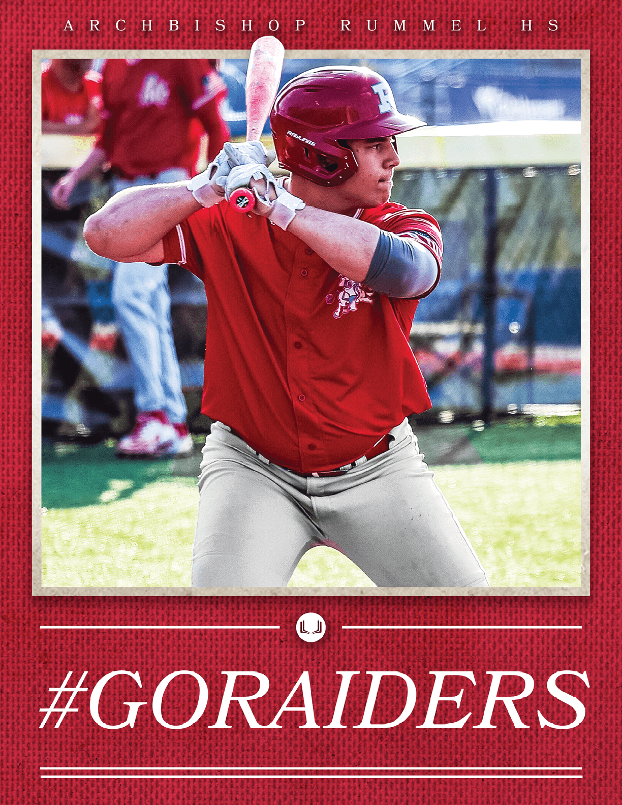 A baseball player in a red shirt and grey pants is holding a bat, ready to swing. AI generated content