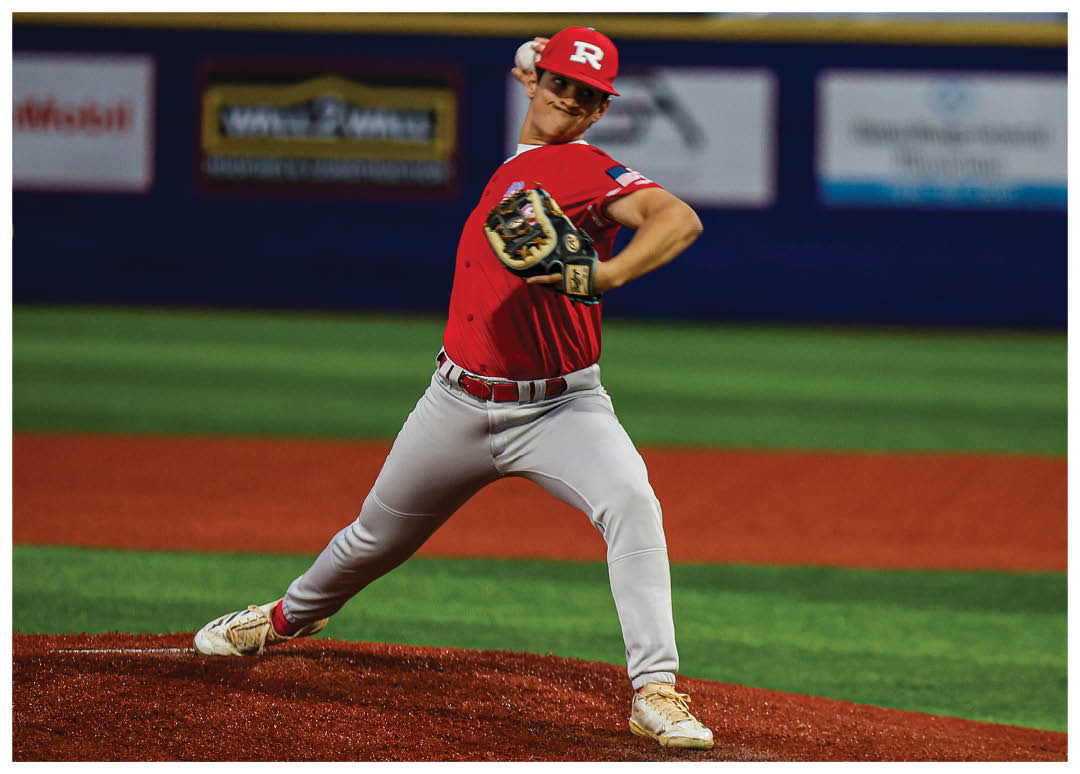 A baseball player in a red shirt and white pants is throwing a ball on a baseball field. AI generated content