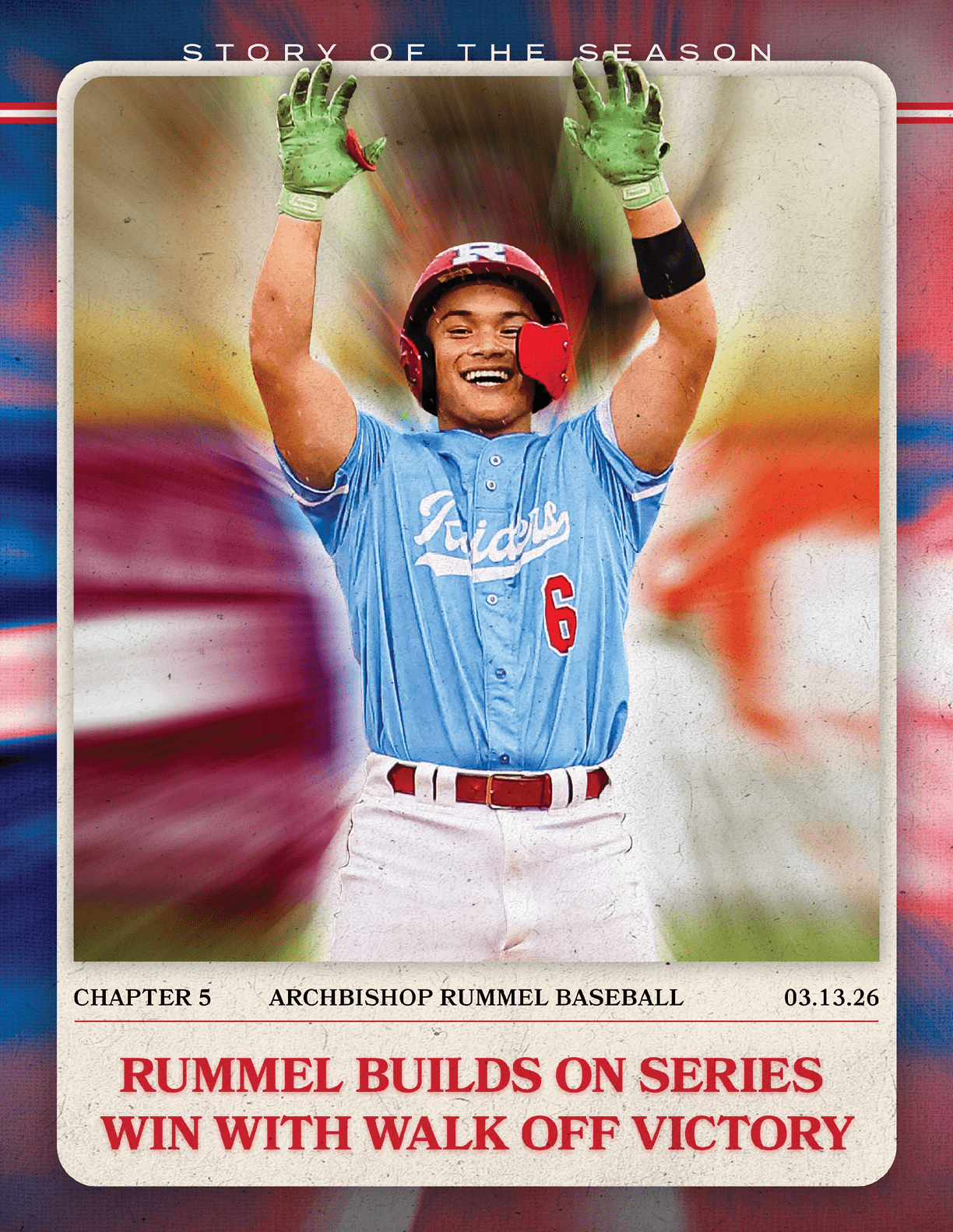 A baseball player wearing a blue jersey and red pants is celebrating. AI generated content