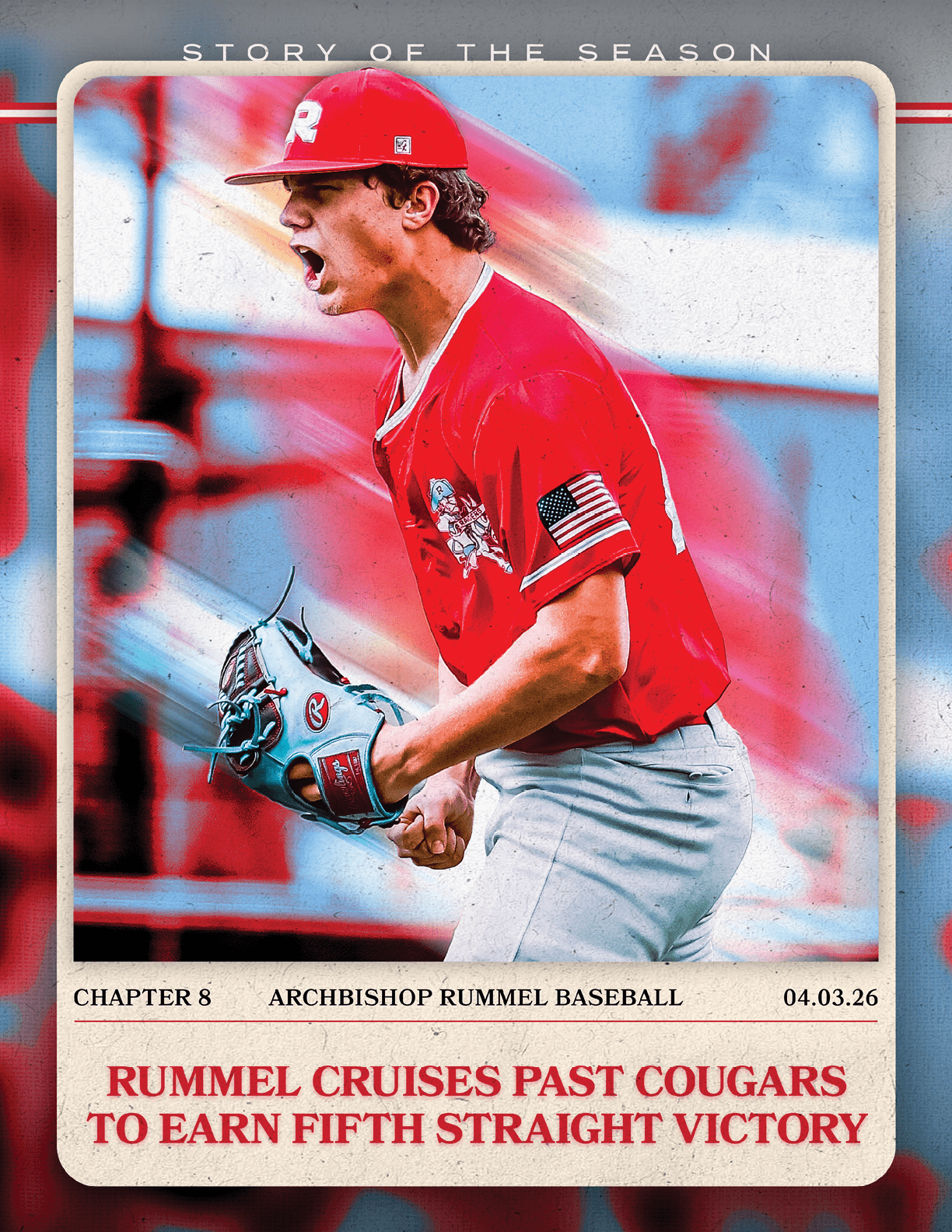 A baseball player wearing a red shirt and white pants is shown on a card. AI generated content