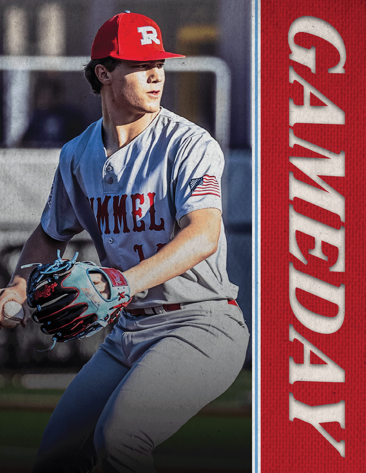 A baseball player wearing a red and grey uniform is holding a baseball glove. AI generated content