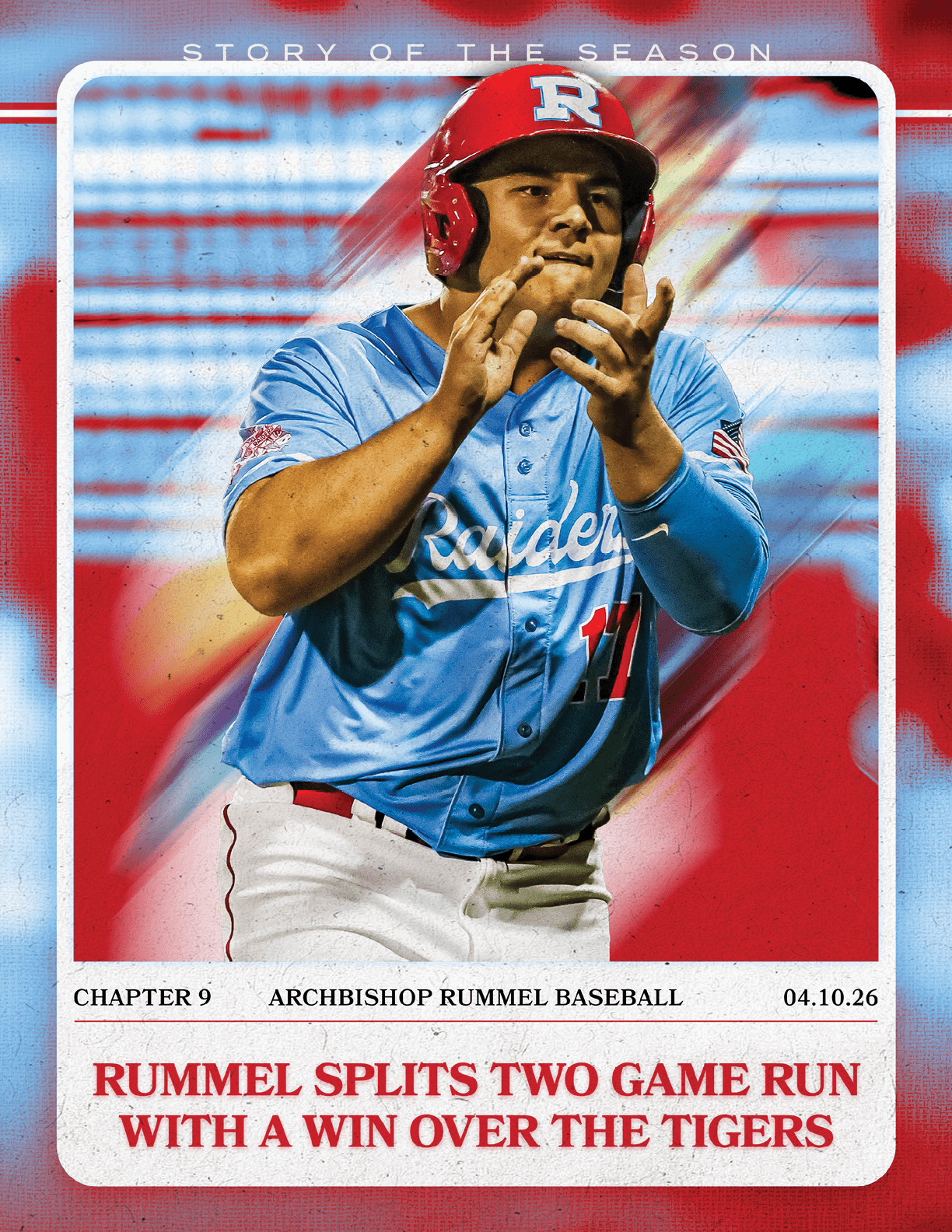 A baseball player wearing a blue shirt and red pants is holding his hands up. AI generated content