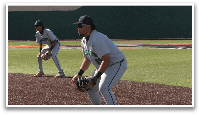 Two baseball players are on the field, one is crouching and the other is standing. AI generated content
