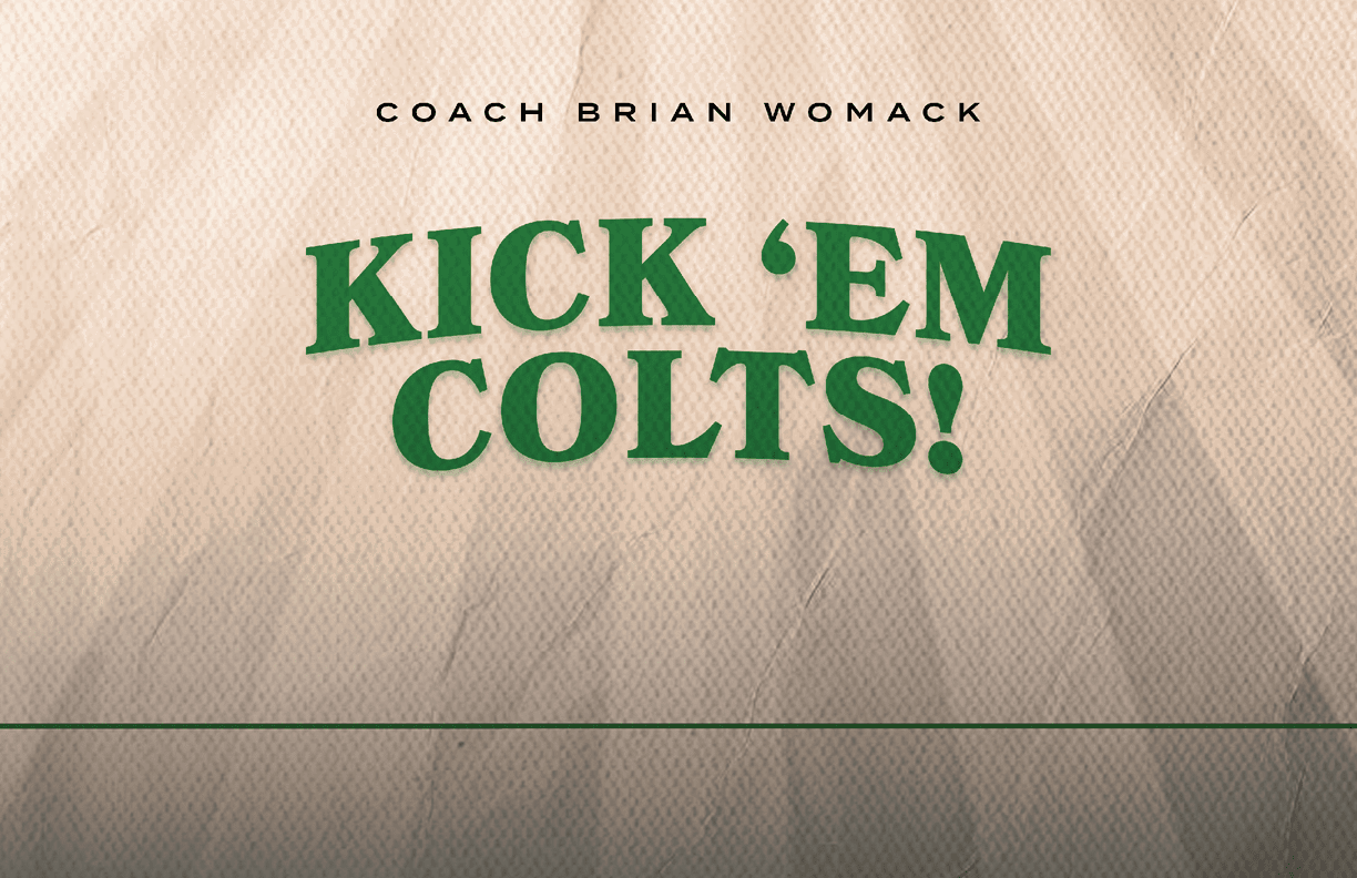 A football team is shown on a poster with the words “Kick 'em Colts!" written on it. AI generated content