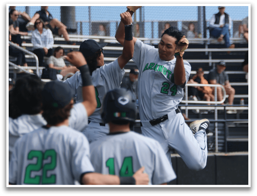 A baseball player celebrates with his teammates after hitting a home run. AI generated content