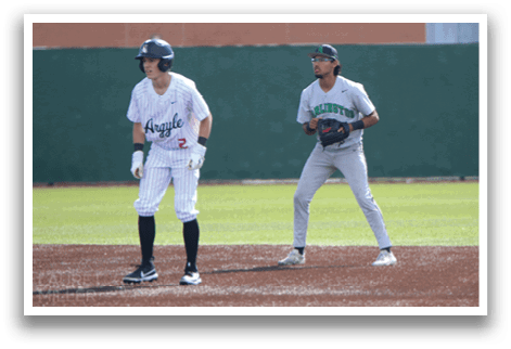 Two baseball players are on the field, one wearing a green shirt and the other wearing a white shirt. The player in the green shirt is holding a baseball glove. AI generated content