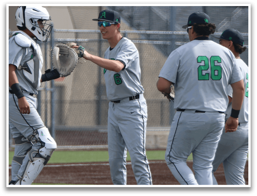 Three baseball players on a field, two of them wearing gray uniforms and one wearing a green uniform. One of the players is holding a baseball glove. AI generated content