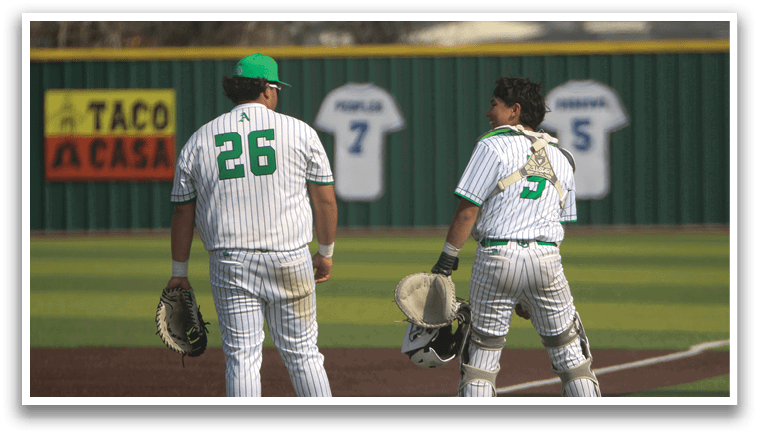 Two baseball players standing on a field, one wearing a green hat and the other wearing a white uniform. AI generated content