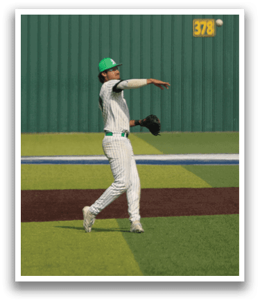 A baseball player in a green cap and white uniform is throwing a ball on a field. AI generated content