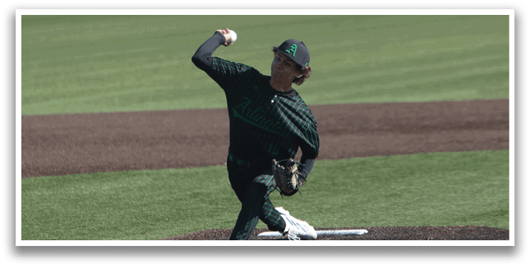 A baseball player in a green shirt and black pants is pitching a ball on a field. AI generated content
