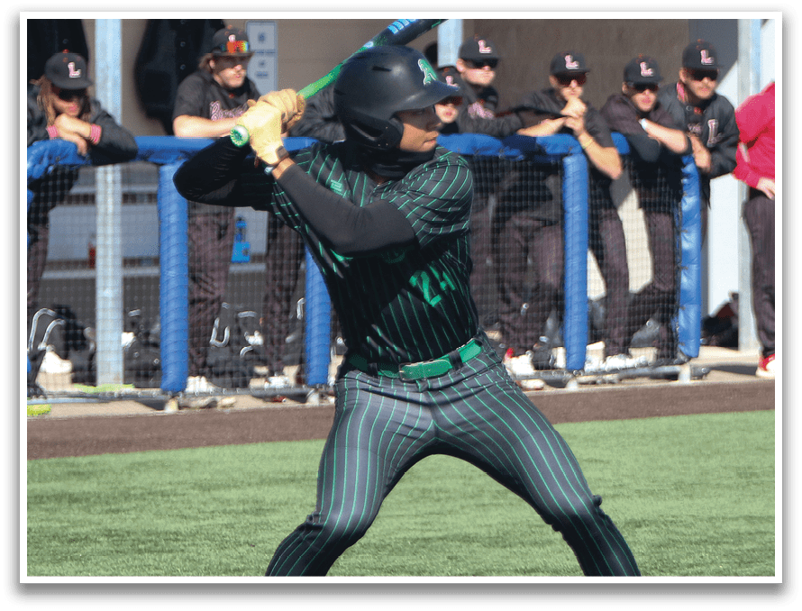 A baseball player in a green shirt is swinging a bat at a ball. AI generated content