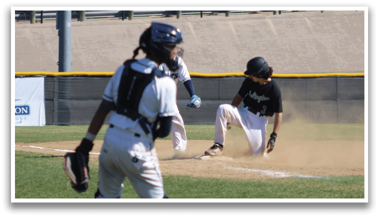 A baseball player slides into a base, while another player watches. AI generated content