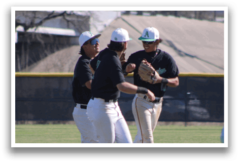Three baseball players on a field, two of them wearing black shirts, one of them wearing a white shirt. One of the players is holding a baseball glove. AI generated content