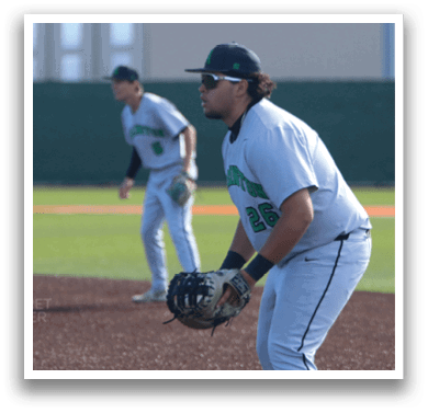 Two baseball players are on the field, one of them wearing a green shirt. AI generated content